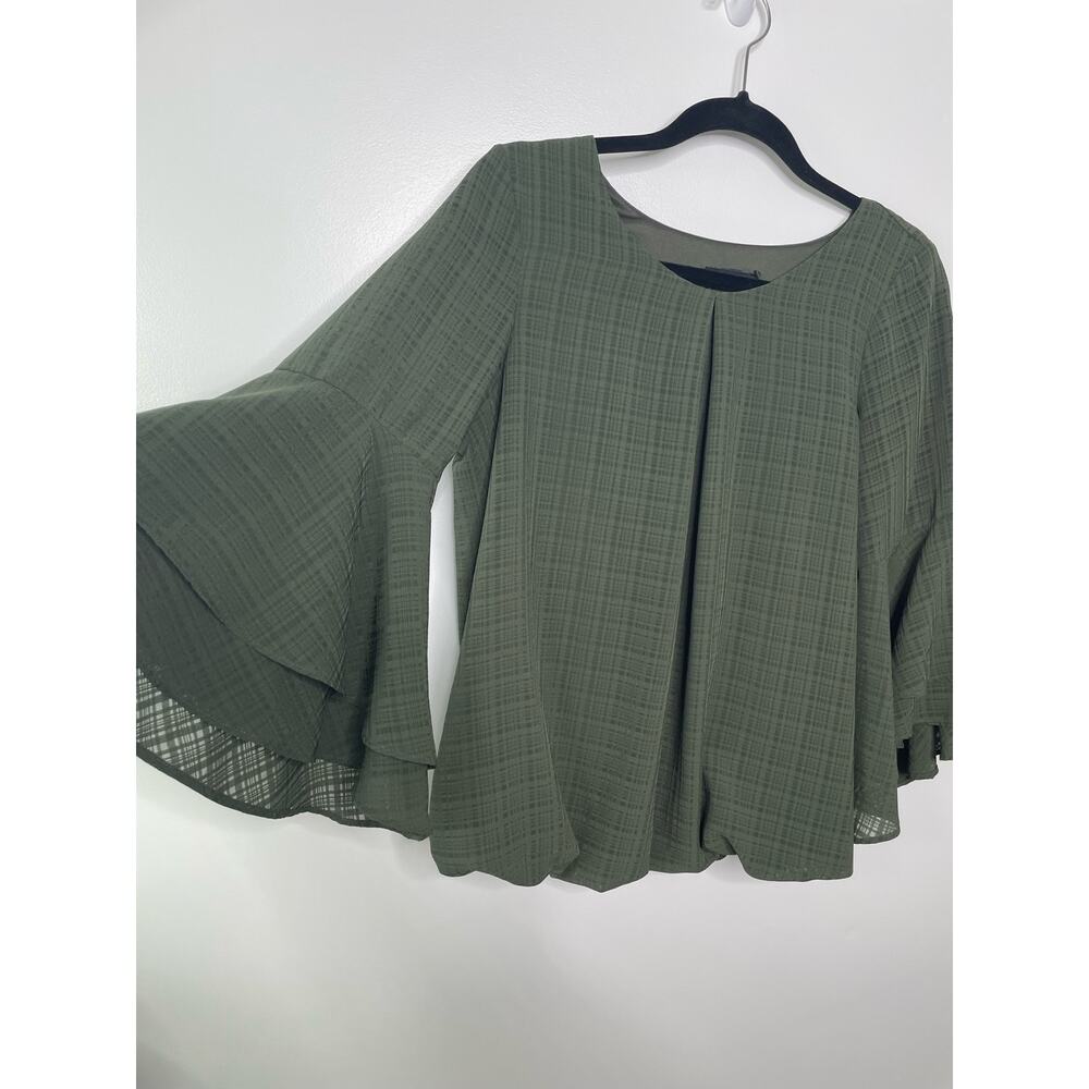 Alyx Blouse Pleated Front Plaid Bell Sleeve Elastic Hem Round Neck Green Medium - Picture 4 of 11